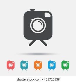 Hipster photo camera sign icon. Retro camera on tripod symbol. Graphic element on white background. Colour clean flat photo camera icons. Vector