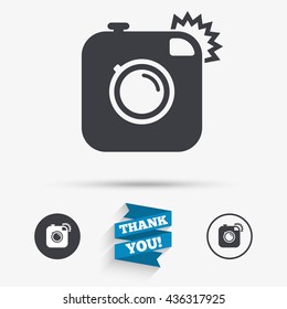 Hipster photo camera sign icon. Retro camera with flash symbol. Flat icons. Buttons with icons. Thank you ribbon. Vector