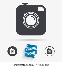 Hipster photo camera sign icon. Retro camera symbol. Flat icons. Buttons with icons. Thank you ribbon. Vector