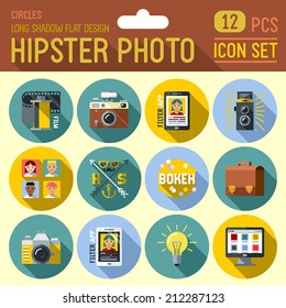 Hipster photo flat long shadow design circle icon set. Trendy illustrations.