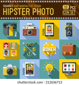 Hipster photo flat long shadow design square icon set. Trendy illustrations.