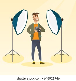 Hipster photographer with beard holding a camera in a photo studio. Photographer using a professional camera in a studio. Young man taking a photo. Vector flat design illustration. Square layout.