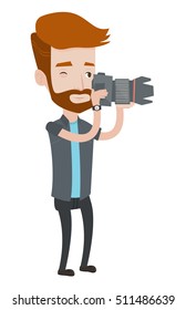 A hipster photographer with the beard taking a photo. Young photographer taking a picture. Caucasian photographer with digital camera. Vector flat design illustration isolated on white background.