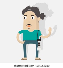 Hipster photographer with professional camera,Flat illustration of  male or photographer character standing