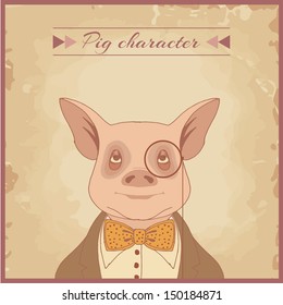 hipster pig animal charcter