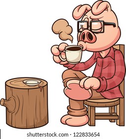 Hipster pig drinking coffee. Vector clip art illustration with simple gradients. All in a single layer.