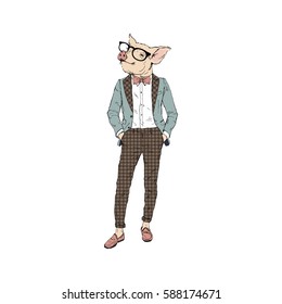 hipster pig, furry art illustration, fashion animals