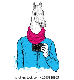 Hipster pig with human body and camera. Animal in clothes. Vector illustration.