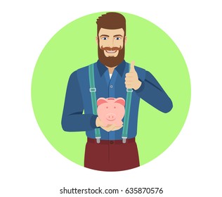 Hipster with piggy bank showing the thumb up. Portrait of hipster character in a flat style. Vector illustration.