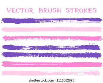Hipster pink violet ink brush strokes isolated design elements. Set of paint lines. Urban Ink brushes stripes isolated on white, vector color palette samples.