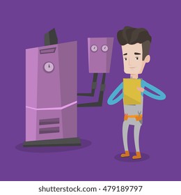 A hipster plumber with the beard making some notes in his clipboard. Plumber inspecting heating system in boiler room. Vector flat design illustration. Square layout.