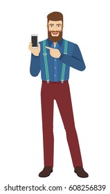 Hipster pointing at a mobile phone in his hand. Full length portrait of hipster in a flat style. Vector illustration.
