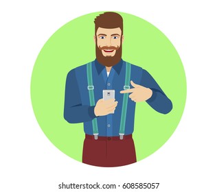 Hipster pointing at a mobile phone in his hand. Portrait of hipster in a flat style. Vector illustration.