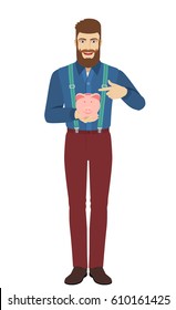 Hipster pointing at a piggy bank. Full length portrait of hipster in a flat style. Vector illustration.