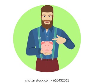 Hipster pointing at a piggy bank. Portrait of character in a flat style. Vector illustration.