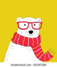 Hipster polar bear. Vector cute polar bear character.