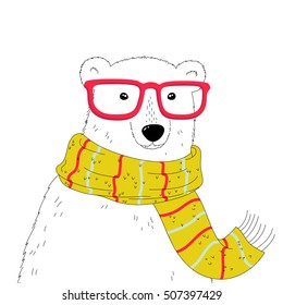 Hipster polar bear. Vector cute polar bear character.