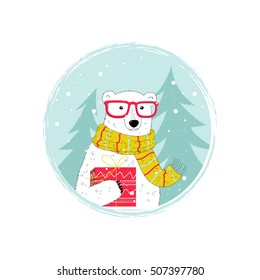 Hipster polar bear. Vector cute polar bear character.