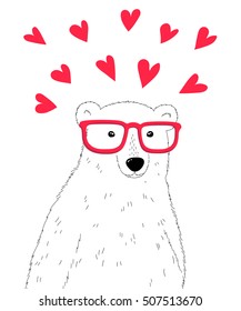 Hipster polar bear. Vector cute polar bear character with hearts. Valentine day card template.