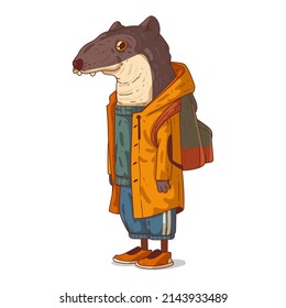 A Hipster Polecat, vector illustration. Casually dressed anthropomorphic weasel wearing a yellow raincoat and backpack. Humanized ermine. A teenager. A student. An animal character with a human body