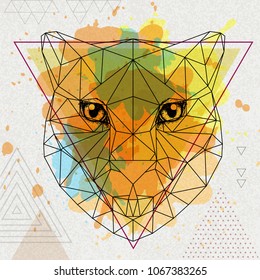 Hipster polygonal animal cheetah on artistic watercolor background