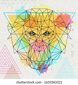 Hipster polygonal animal monkey on artistic watercolor background