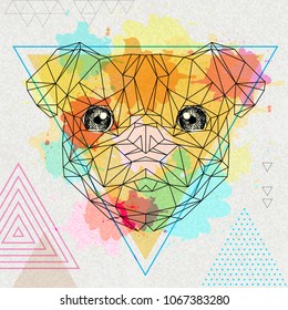 Hipster polygonal animal pug-dog on  artistic watercolor background