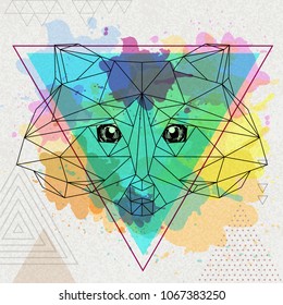 Hipster polygonal animal raccoon on artistic watercolor background