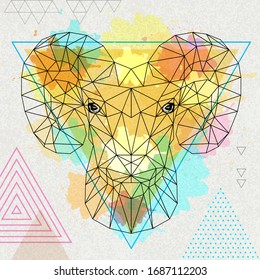 Hipster polygonal animal ram or mouflon on abstract watercolor background.Triangle animal. Astrology zodiac sign Aries