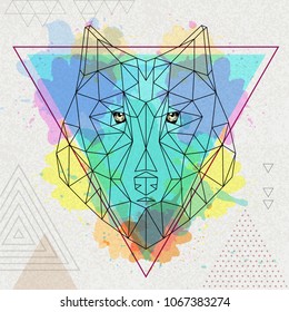 Hipster polygonal animal wolf on artistic watercolor background