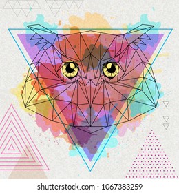 Hipster polygonal bird owl on artistic watercolor background