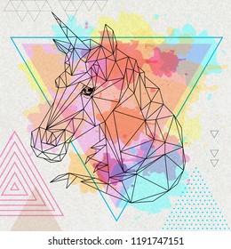 Hipster polygonal fantasy animal unicorn on artistic polygon watercolor background