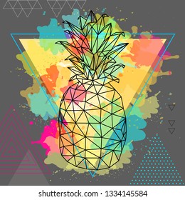 Hipster polygonal tropic fruit pineapple on artistic triangle watercolor background