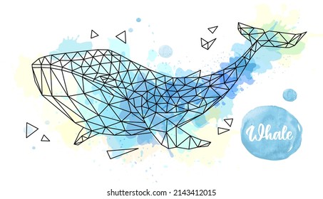 Hipster polygonal whale on artistic watercolor background. Vector illustration