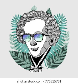 Hipster portrait of composer and musician. Jakob Ludwig Felix Mendelssohn with glasses. Summer style - palm leaf. T-Shirt Design & Printing, clothes, beachwear. Vector illustration hand drawn. 