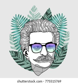 Hipster portrait of composer and musician. Johann Baptist Strauss with glasses. Summer style - palm leaf. T-Shirt Design & Printing, clothes, beachwear. Vector illustration hand drawn. 