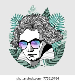 Hipster portrait of composer and musician. Ludwig van Beethoven with glasses. Summer style - palm leaf. T-Shirt Design & Printing, clothes, beachwear. Vector illustration hand drawn. 