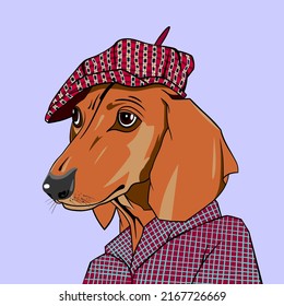 Hipster portrait of a dachshund wearing plaid clothes and a plaid beret. Handmade drawing vector illustration.