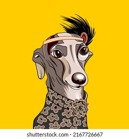 Hipster portrait of a greyhound dog in a trendy haute couture dress with flowers and feather decorations. Handmade drawing vector illustration.