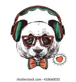 Hipster portrait panda with headphones glasses bow-tie and heart vector illustration