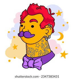 Retrato Hipster. Hombre de cabeza roja, bigote, con una corbata con ropas vibrantes, con tatuajes, piercing, pendientes. Carácter moderno y elegante, peculiar avatar de pelo de niño tatuado. Ilustración plana vectorial