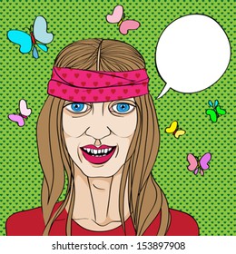 Hipster portrait with speech bubble, hand drawn illustration of a man with mustache and pink glasses over a background with dots