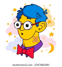 Retrato Hipster. Joven avatar, muchacho con el pelo azul y una corbata roja, gafas y una tirita en el cuello. Moda moderna, estilo peculiar. Arte moderno, atrevido y creativo. Ilustración plana vectorial 