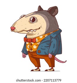 A Hipster Possum, isolated vector illustration. Funny cartoon picture of a smiling trendy dressed opossum. Drawn animal sticker. An anthropomorphic possum on white background. A dressed animal