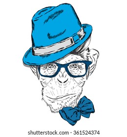 Hipster. Postcard with a monkey. Poster. Print.