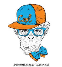 Hipster. Postcard with a monkey. Vector illustration for a greeting card, poster, or print on clothes.