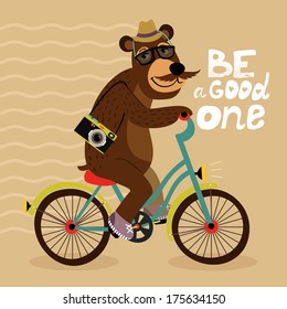 Hipster poster with geek bear riding bicycle vector illustration