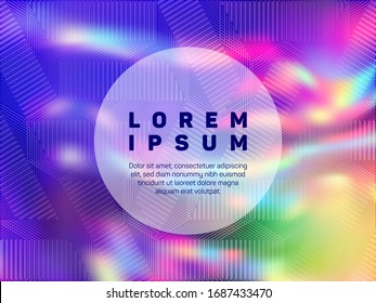 Hipster poster glitch holographic vector layout design. Fluid shimmer overlay elements. Tech glitch hologram gradient background for poster.