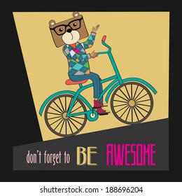 Hipster poster with nerd bear riding bike, vector illustration