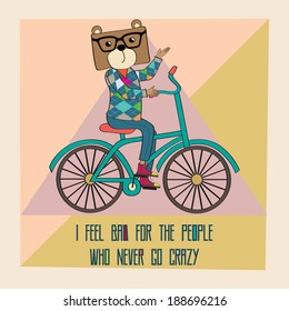 Hipster poster with nerd bear riding bike, vector illustration